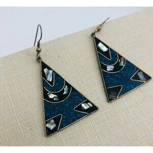 Vintage Silver Blue Mother Pearl Inlay Triangle Dangling Earrings Alpaca Mexico